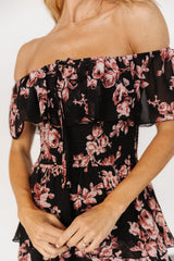 Carina Off Shoulder Maxi Dress | Black + Mauve Floral