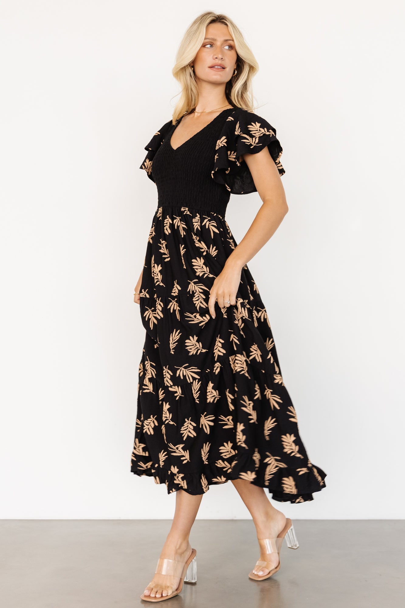 Estelle Smocked Midi Dress | Black + Tan Print