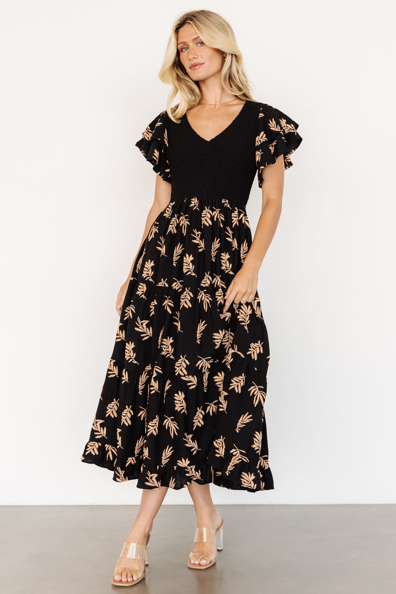 Estelle Smocked Midi Dress | Black + Tan Print