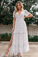 Audrey Deep V Maxi Dress | Off White + Blue Floral