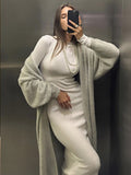 2025 Autumn And Winter Hot Sweater Suit Women Loose Long Version Imitation Cardigan + Open Fork Dress HZ1208