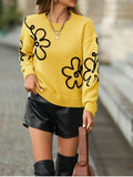Women's Spring And Autumn Solid-Colored Flowers Knitted Sweater Fashion Collar Long-Sleeved Top HZ1208
