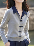 New Chinese Style Gray Polo Collar Knitted Shirt Autumn Women 2025 New Small Small Small Shirt HZ1208