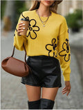 Women's Spring And Autumn Solid-Colored Flowers Knitted Sweater Fashion Collar Long-Sleeved Top HZ1208