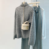 Women's Cotton Cashmere Lattice Half-High-Collar Sweater Korean Version Of The Student's Dress Dress Nice Hair Knitted Shirt HZ1208