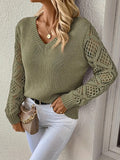 V-Neck Hollow Knitted Jersey Sweater Hot Loose Leisure Long-Sleeved Top HZ1208