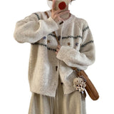 Horn Buckle Loose Retro Sweater Cardigan Women 2025 Autumn And Winter New Round-Necked Collared Flower Knitted Coat HZ1208