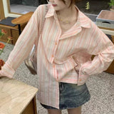 Design Sense Striped Polo Collar Long-Sleeved Shirt Coat Women Spring And Summer Loose Thin Sun Protection Shirt Outside The Shirt Top HZ1208