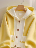 Vintage Style Yellow Splicing Hood Design Sweater Coat Knitted Cardigan Showing Lean Long Sleeves Loose Casual Top HZ1208