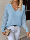 V-Neck Hollow Knitted Jersey Sweater Hot Loose Leisure Long-Sleeved Top HZ1208