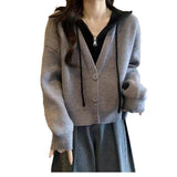 Large-Size Fake Two Short Hooded Sweater Coat Women Autumn Fat Mm Thin Belly Knitted Shirt Topess HZ1208