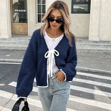 Autumn And Winter Sweater Women's New Knitted Shirt Loose Long-Sleeved Bow Tied With Cardigan Coat Top Woman HZ1208