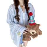 Design Sense Striped Polo Collar Long-Sleeved Shirt Coat Women Spring And Summer Loose Thin Sun Protection Shirt Outside The Shirt Top HZ1208