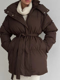2025 Casual Waist Thin Hooded Medium Long Bread Cotton Clothes Women Thick Cotton Coat Brown HZ1208