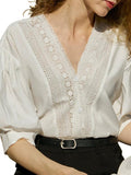 French Retro White Lace Short-Sleeved Shirt Women Casual Niche Lotus Edge V-Neck Bubble Sleeves HZ1208