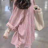 Design Sense Striped Polo Collar Long-Sleeved Shirt Coat Women Spring And Summer Loose Thin Sun Protection Shirt Outside The Shirt Top HZ1208