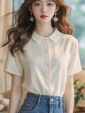 Korean Chic Super-Looking White POLO Collar Short-Sleeved Shirt Women's Summer Unique Beauty Loose Thin Top HZ1208