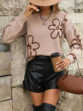 Women's Spring And Autumn Solid-Colored Flowers Knitted Sweater Fashion Collar Long-Sleeved Top HZ1208