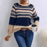 Women's Sweater Fashion Round-Neck Knitted Top Classic Striped Knitted Shirt HZ1208
