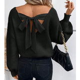 Women's V-Neck Solid Color Sweater Autumn New Long-Sleeved Casual Loose Bow Top Woman HZ1208