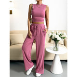 2025 Summer Knitting Casual Suit Sleeveless Round Collar Short Repair Body Broad Leg Pants Two Sets HZ1208