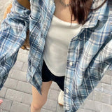 Blue Plaid Shirt 2025 Spring And Autumn Loose Retro Top Design Feel Heavy Coat Woman HZ1208