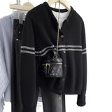 Clamming Striped Wool Knitted Cardigan Women's Autumn Coat 2025 New Spliced Sweater Jacket Bottom Shirt Tide HZ1208