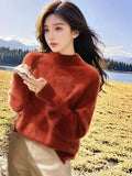 Cashmere Sweater Women In Autumn And Winter Under The Bottom Of The Blouse Lazy Style Design Sense Retro Half-High Collar Red Knitwear HZ1208