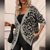 Autumn And Winter New Sweater Women's Large Size Loose Knit V-Neck Leopard Long-Sleeved Open-Shirt Coat Woman HZ1208