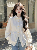 High-Grade White Lace Splicing Shirt Women's New Spring 2025 Design Sense Age-Reduce T-Shirt Clothes HZ1208