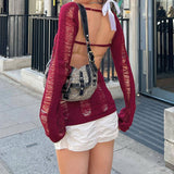 Sweater Women's New Hollow Bare Back Shirt Retro Solid Color Coat On The Head Of The Women's Factory HZ1208