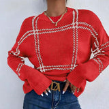 Yangyang Autumn And Winter New Lattice Color Collar Sweater Women Casual Long-Sleeved Round Collar Collar Knitted Shirt HZ1208