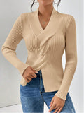 Women's Temperament Thread Under The Fork Knit Shirt Fashion Long-Sleeved Solid Color Sweater HZ1208