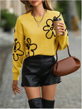 Women's Spring And Autumn Solid-Colored Flowers Knitted Sweater Fashion Collar Long-Sleeved Top HZ1208