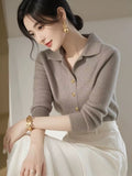Coffee-Colored Polo Collar Long-Sleeved Knitted Shirt 2025 European Blouse French Elegant Thin Outer Wear Bottom Sweater Woman HZ1208