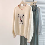 Black Spotted Dog Watery Wool Sweater Women Winter Soft Languid Horse Hair Long Knitted Blouse Autumn And Winter HZ1208