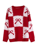 Autumn And Winter New Christmas Sweater Women's Loose Knitted Jersey Square Bow Bump Color Coat HZ1208
