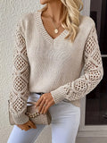 V-Neck Hollow Knitted Jersey Sweater Hot Loose Leisure Long-Sleeved Top HZ1208