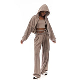 Hooded Short Coat With Breast-Smeared Straight Trouser Trousers Sports Suit Casual Jacket Three-Piece High Street HZ1208