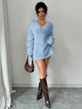 2025 Autumn And Winter New V Collar Wear Loose Lazy Breeze Knitted Sweater Skirt HZ1208