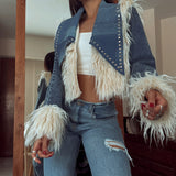 Autumn And Winter Long-Haired Cowboy Splicing Metal Coat Women Warm Comfortable Fashion Temperament Retro Feel Out Of The Street Eye HZ1208