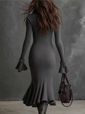 New Fashion Elegant Temperament Zippered Horn Sleeve Knitted Fishtail Skirt HZ1208