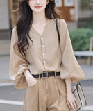 White V-Neck Lantern Sleeve Top Women's Dress 2025 New Early Spring Ocean Design Wears French Chic Shirt HZ1208