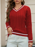 Women's Temperament V-Neck Long-Sleeved Sweater Fashion Jersey Thread White-Bordered Cuffs Knitted Top HZ1208