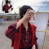 Vintage Red Plaid Shirt Coat Woman 2025 Spring And Autumn Lazy Wind Loose Shirt Casual Design Sense HZ1208