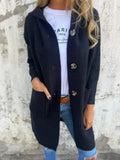 Autumn And Winter New Solid-Color Hooded Knitted Cardigan Women's Long-Sleeved Sweater Coat Loose Single-Dbutton Pocket Coat HZ1208