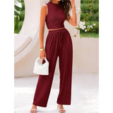2025 Summer Knitting Casual Suit Sleeveless Round Collar Short Repair Body Broad Leg Pants Two Sets HZ1208