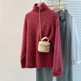 Women's Cotton Cashmere Lattice Half-High-Collar Sweater Korean Version Of The Student's Dress Dress Nice Hair Knitted Shirt HZ1208