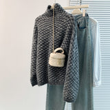 Women's Cotton Cashmere Lattice Half-High-Collar Sweater Korean Version Of The Student's Dress Dress Nice Hair Knitted Shirt HZ1208