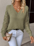 V-Neck Hollow Knitted Jersey Sweater Hot Loose Leisure Long-Sleeved Top HZ1208